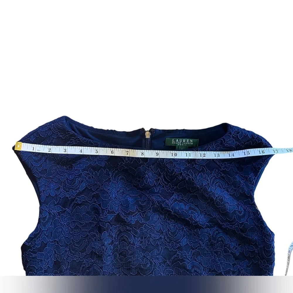 EUC LAUREN RALPH LAUREN Navy Lace Overlay Cap Sleeve Midi Sheath Dress Size 4 - Picture 10 of 14
